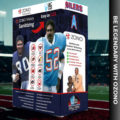 Custom branded Ozono chamber featuring Oilers team branding with player #52, Hall of Fame logo, and 'BE LEGENDARY WITH OZONO' messaging