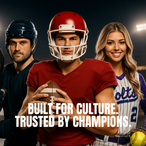Three athletes representing hockey, football, and baseball/softball with text 'Built for Culture. Trusted by Champions.'