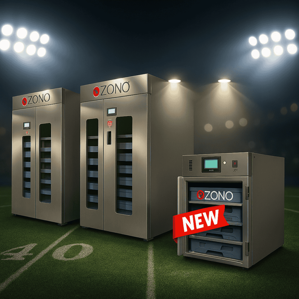 Various Ozono chamber models on a football field under stadium lights
