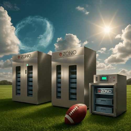 Ozono chambers on a green field with a football, representing powerful and clean sports technology